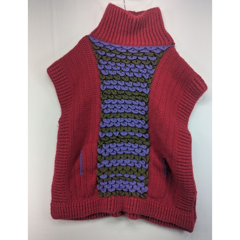 Handmade Red Chunky Knit Poncho Vest Crocodile‎ Stitch Turtleneck Oversized Boho